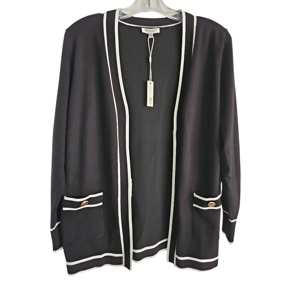 Essentials Milano Sweater Size S Black White Trim Open Front Cardigan Pockets